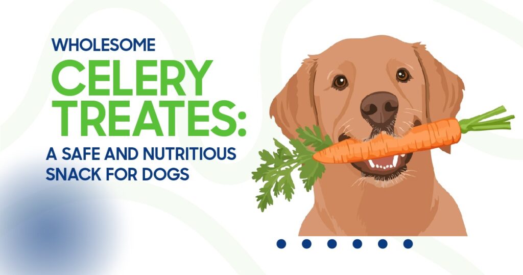 Illustration of a happy dog holding a carrot, promoting wholesome celery treats as a safe and nutritious snack for dogs